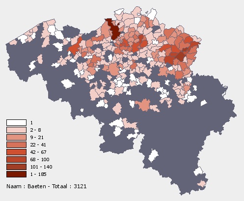 Verspreiding van de familienaam Baeten volgens de website www.familienaam.be
