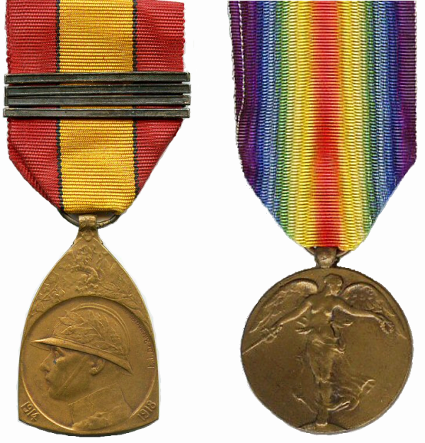 Herinneringsmedaille aan de Oorlog 1914-1918 (links) en Overwinningsmedaille 1914-1918 (rechts)